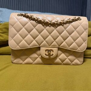 CHANEL Beige Quilted jumbo caviar with Gold Chain